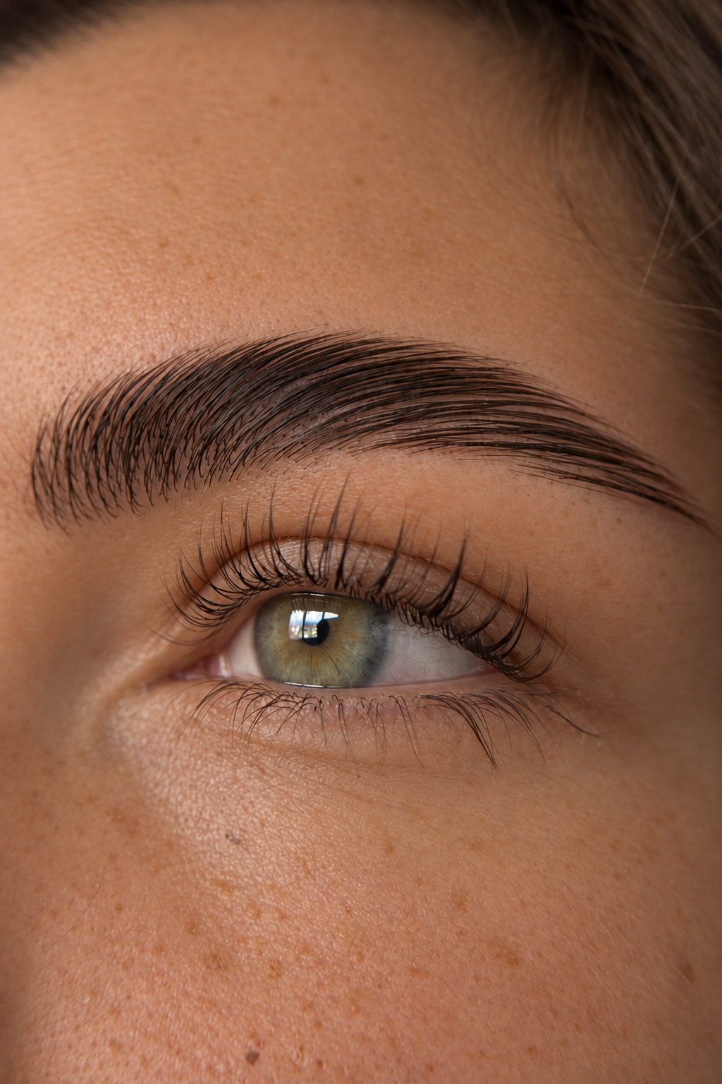 Groomed, brushed-up brow above a hazel eye, photographed close