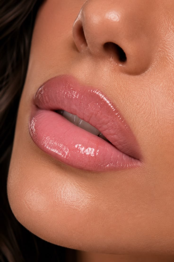Close-up of soft glossy pink lips, framed from nose to chin