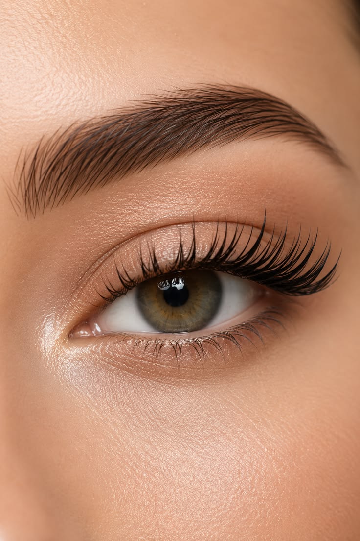 Close-up of glossy lash extensions above a soft glam eye
