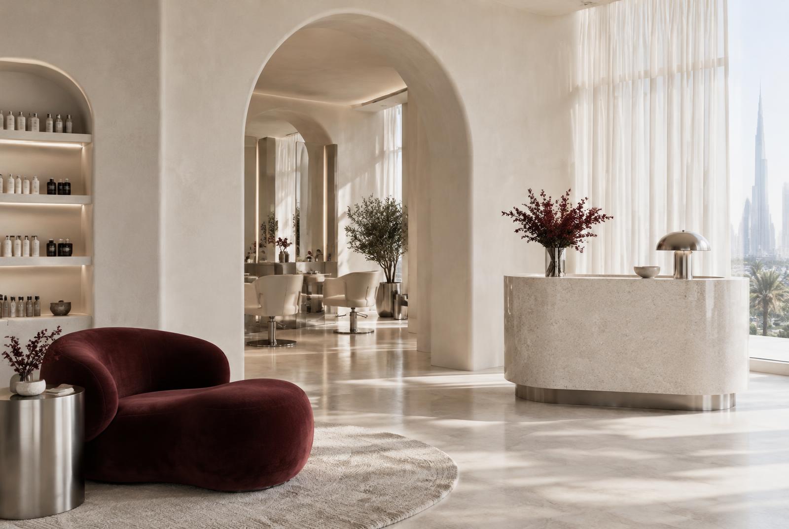 The fictional SOLÈNE interior: sculptural stone, soft light and oxblood upholstery